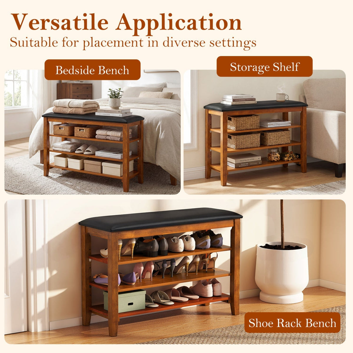 3-Tier Shoe Rack Bench with Adjustable Shelves and Soft Cushion for Entryway and Living Room