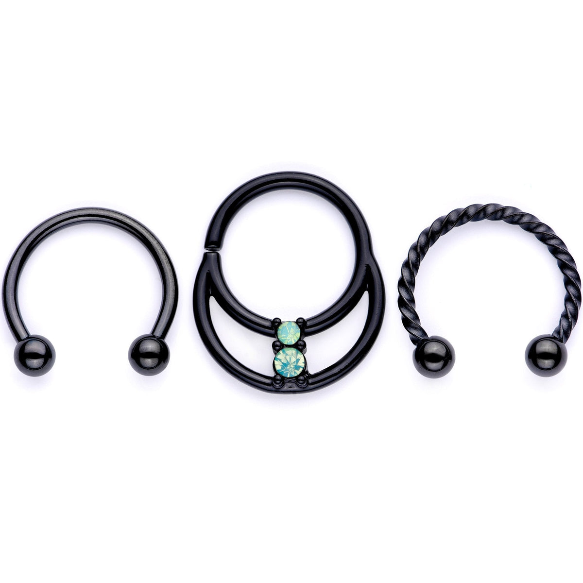 16G 3/8 Teal Faux Opal Black Anodized Horseshoe Closure Ring Set
