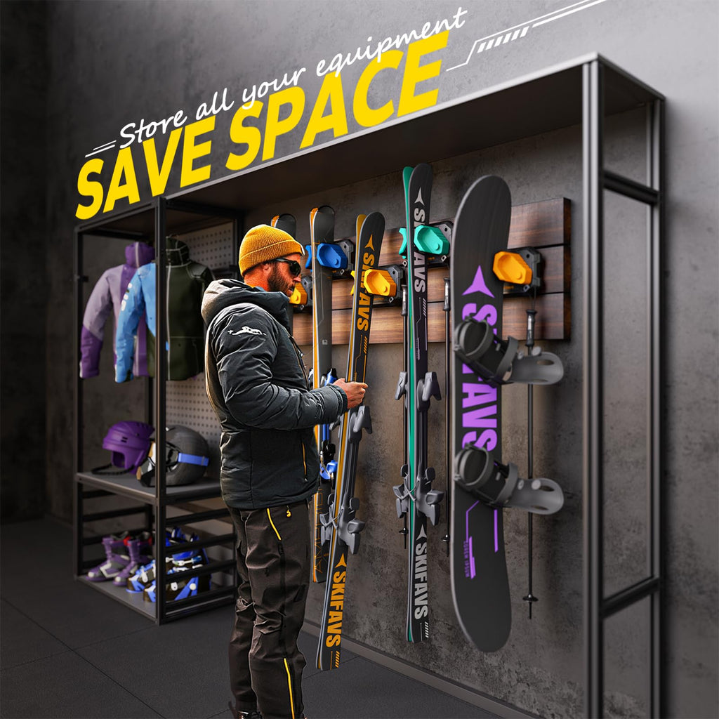 Ski & Snowboard Wall Rack for Garage Wall Fits Any Ski/board, Ski Wall Mount Holders Damage-Free Storage Rack, Garage Organization Space-Saving Winter Gear Organizer