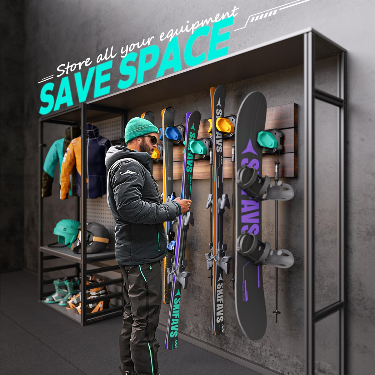 Ski & Snowboard Wall Rack for Garage Wall Fits Any Ski/board, Ski Wall Mount Holders Damage-Free Storage Rack, Garage Organization Space-Saving Winter Gear Organizer