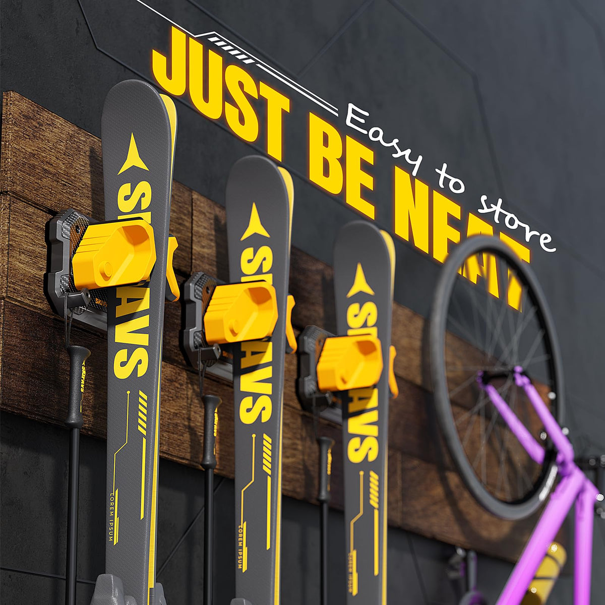 Ski & Snowboard Wall Rack for Garage Wall Fits Any Ski/board, Ski Wall Mount Holders Damage-Free Storage Rack, Garage Organization Space-Saving Winter Gear Organizer