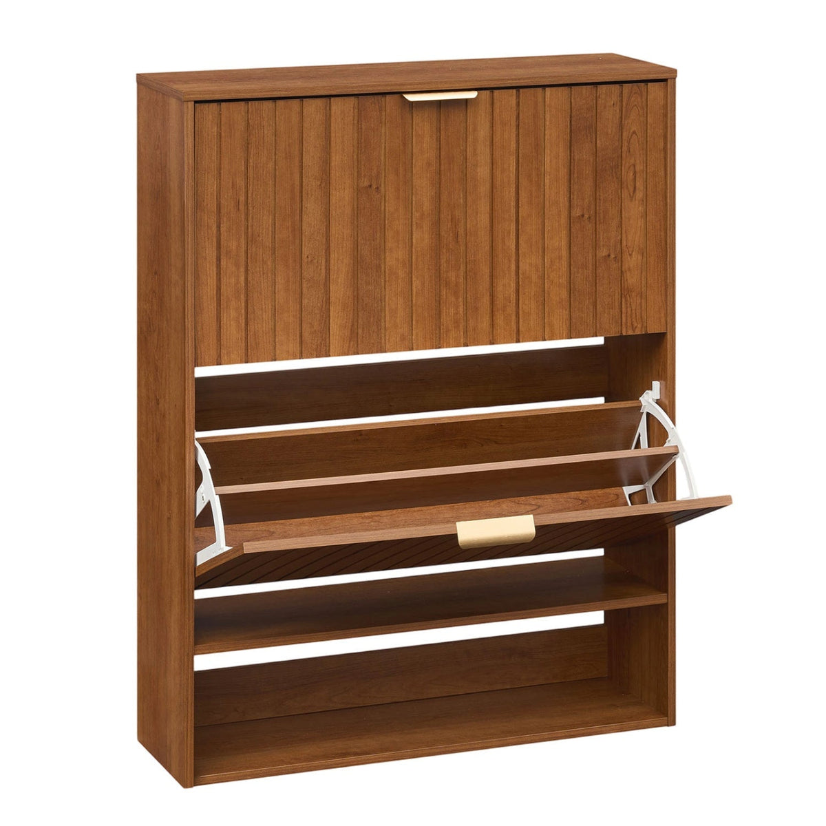 Fluted Shoe Cabinet with 2 Flip Drawers and Open Storage