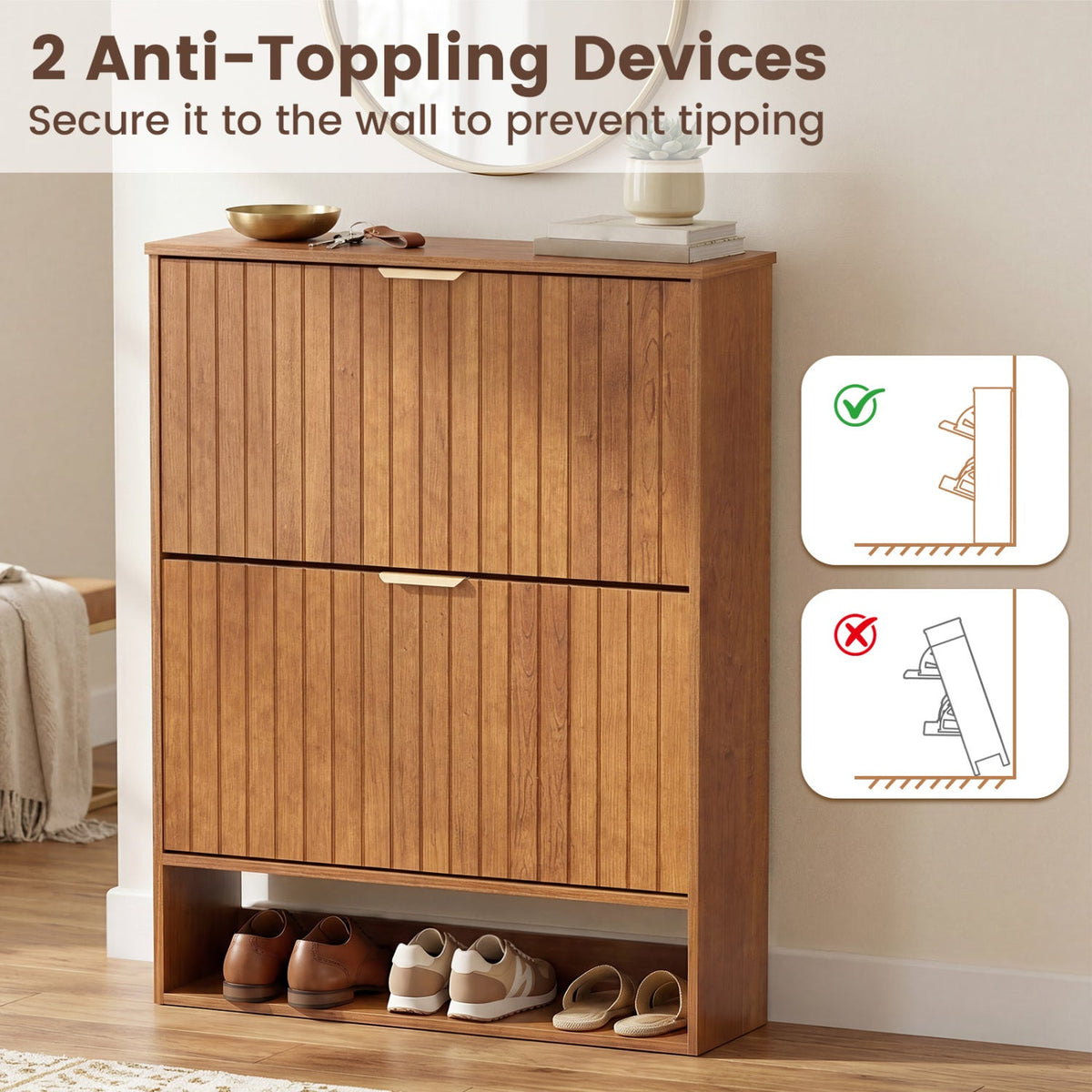 Fluted Shoe Cabinet with 2 Flip Drawers and Open Storage
