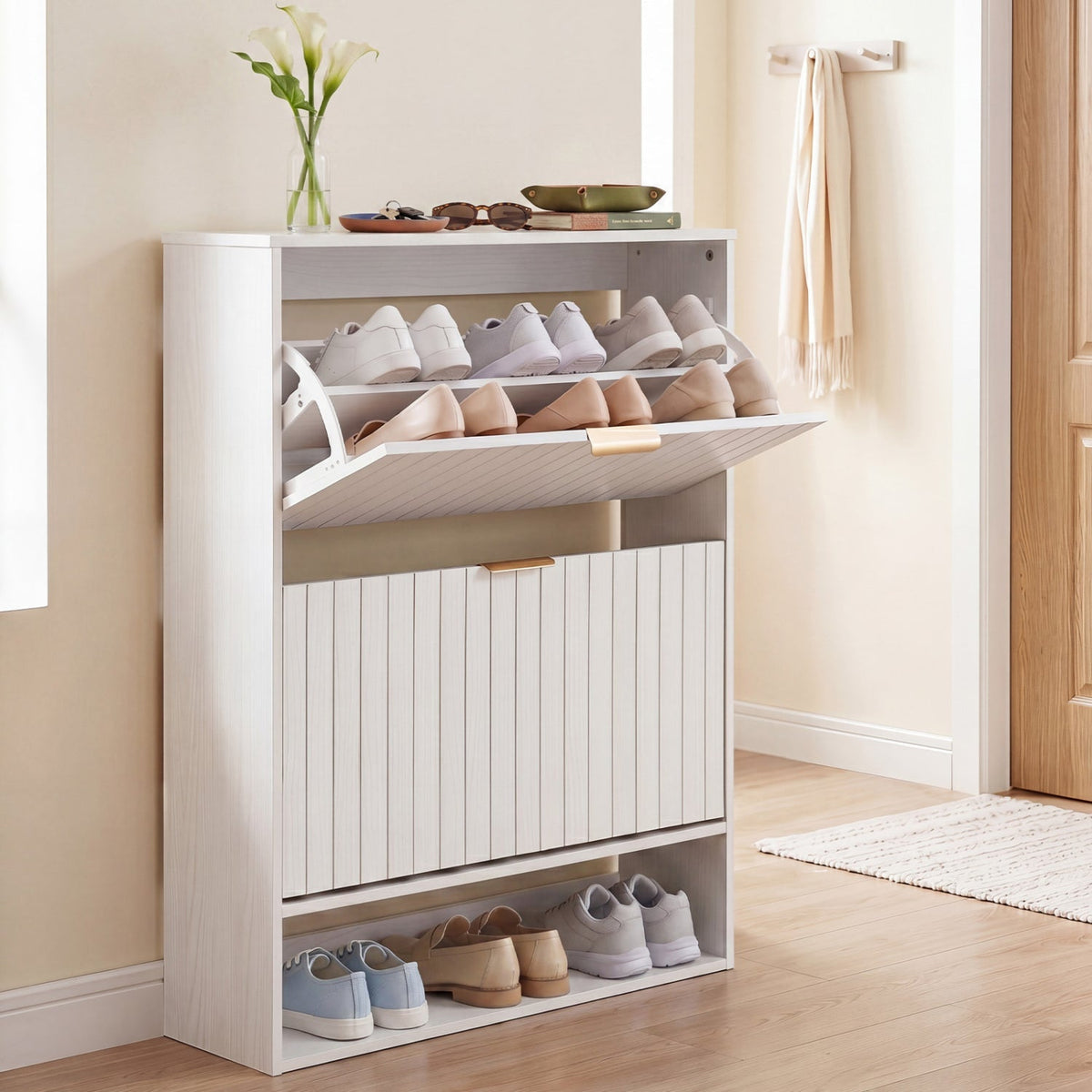 Fluted Shoe Cabinet with 2 Flip Drawers and Open Storage