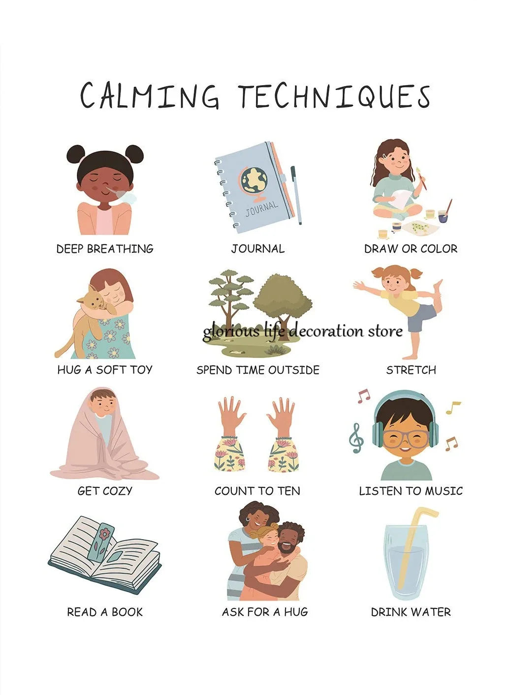 Mental Health Coping Skills Poster Poster Print Canvas Painting Wall Art Picture for School Kids Calming Corner Decor