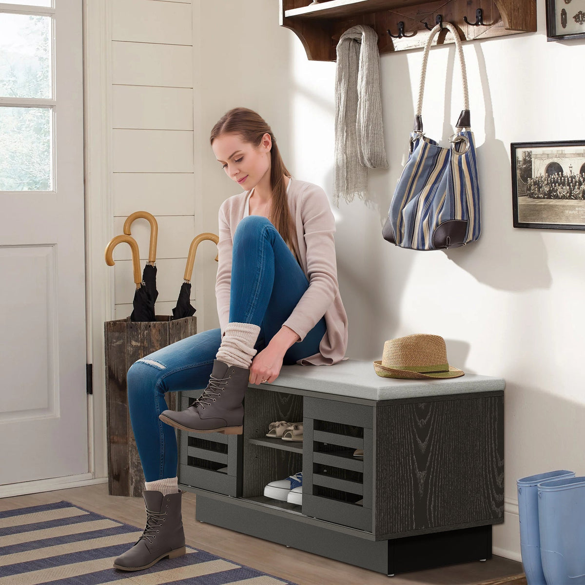 Shoe Bench with 6 Storage Compartments and 3 Adjustable Shelves