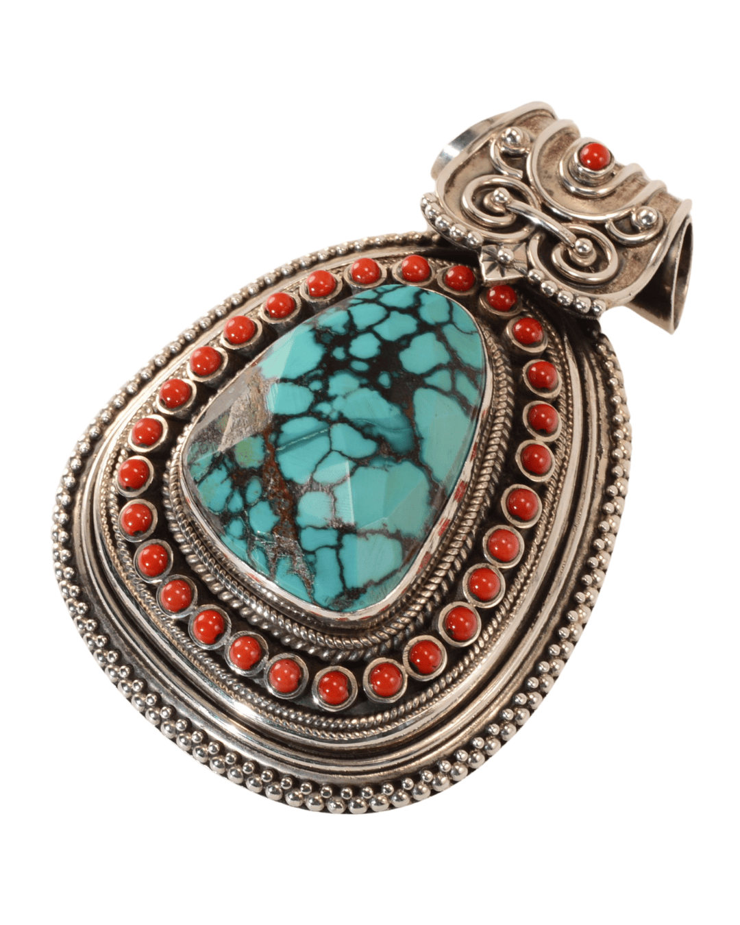Large Sterling Silver Turquoise & Coral Statement Pendant