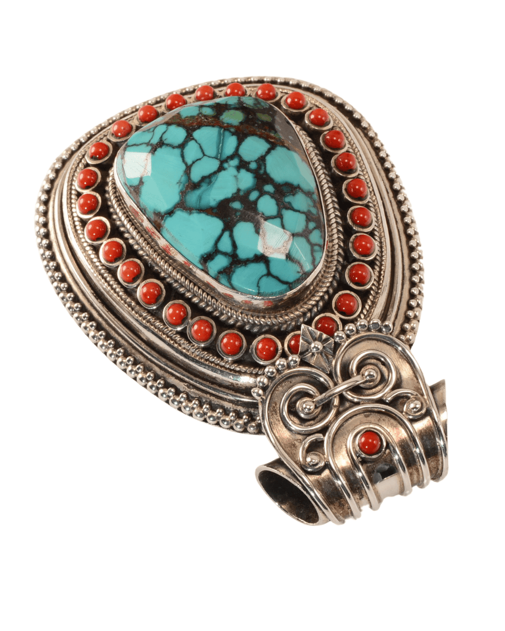Large Sterling Silver Turquoise & Coral Statement Pendant