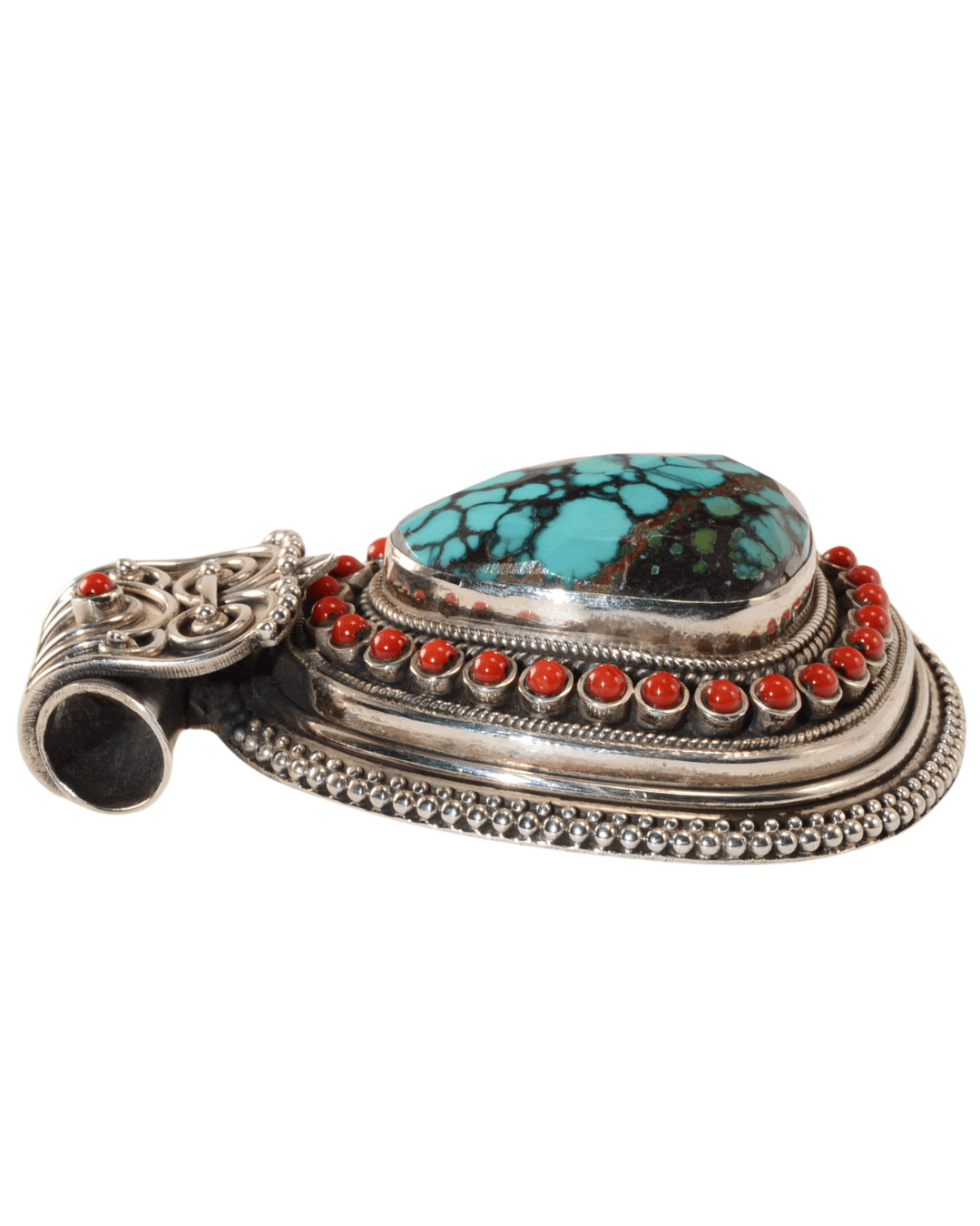 Large Sterling Silver Turquoise & Coral Statement Pendant