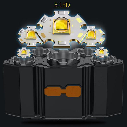 Adjustable USB Rechargeable Torch Lamp Built-in Battery 5 Led Strong Headlight Waterproof  Rechargeable Super Bright Head-Mounted Flashlight For Outdoor Night Camping