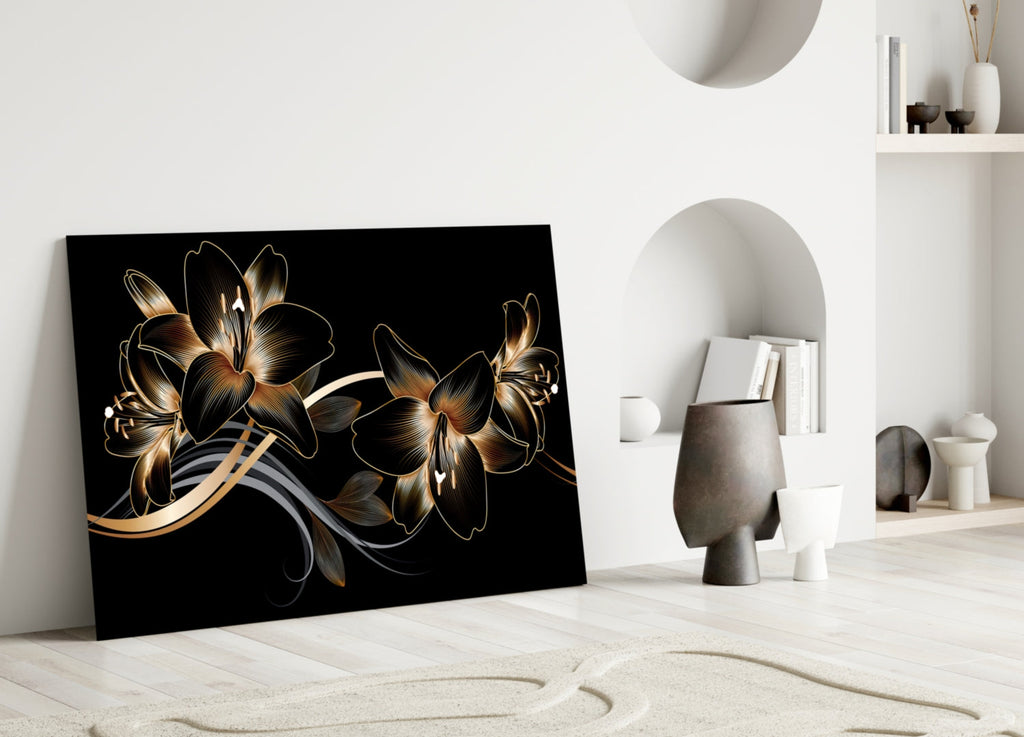 Golden Black Lily Elegance Glass Wall Art
