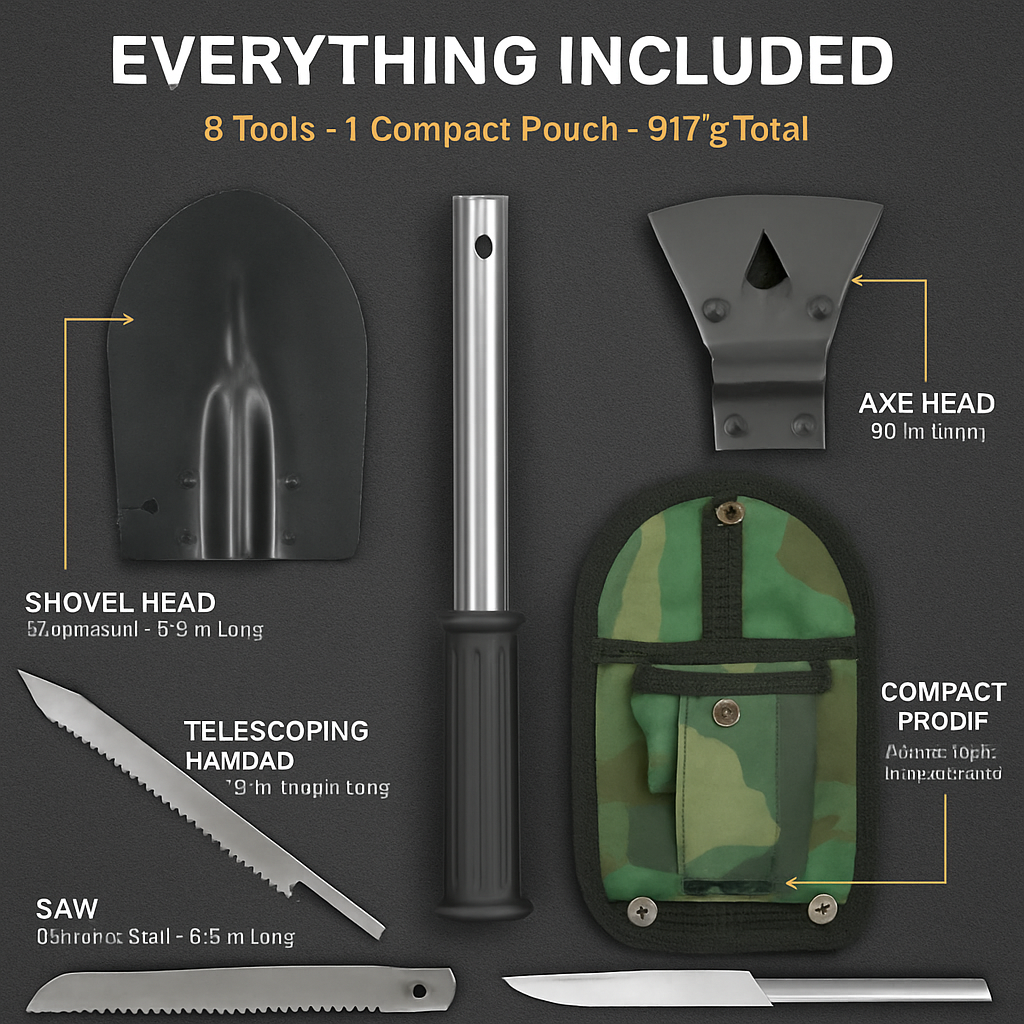 6-in-1 Multi Tool Survival Kit Shovel Knife Axe Saw Nail Puller w/ Pouch Outdoor Gear Camping