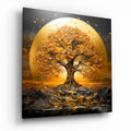 Golden Blossom Tree Of Life Sun Disc Glass Wall Art