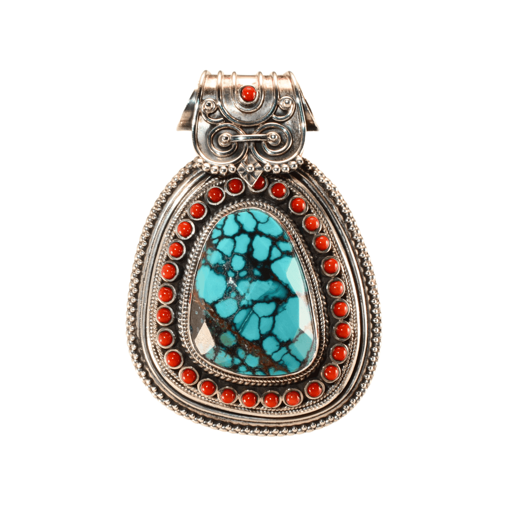 Large Sterling Silver Turquoise & Coral Statement Pendant