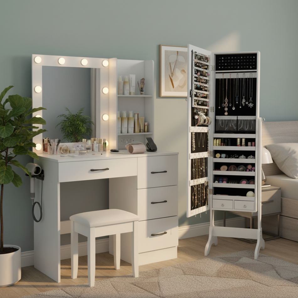 Bedroom Set with Lockable Mirrored Jewelry Cabinet and Vanity Desk