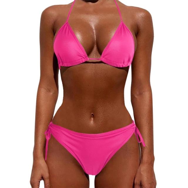 Women One Size Bright Color Swimwear Women's Bikini Pure Color Micro Bikini Charming Bra Bottom Swimsuits New Summer Style Lady Bandage Bikini Set Push-up Bra Bathing Suit Swimsuit