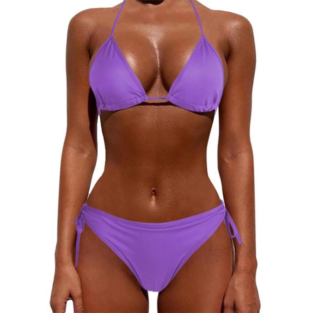 Women One Size Bright Color Swimwear Women's Bikini Pure Color Micro Bikini Charming Bra Bottom Swimsuits New Summer Style Lady Bandage Bikini Set Push-up Bra Bathing Suit Swimsuit